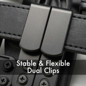 closeup of dual belt clips on holster