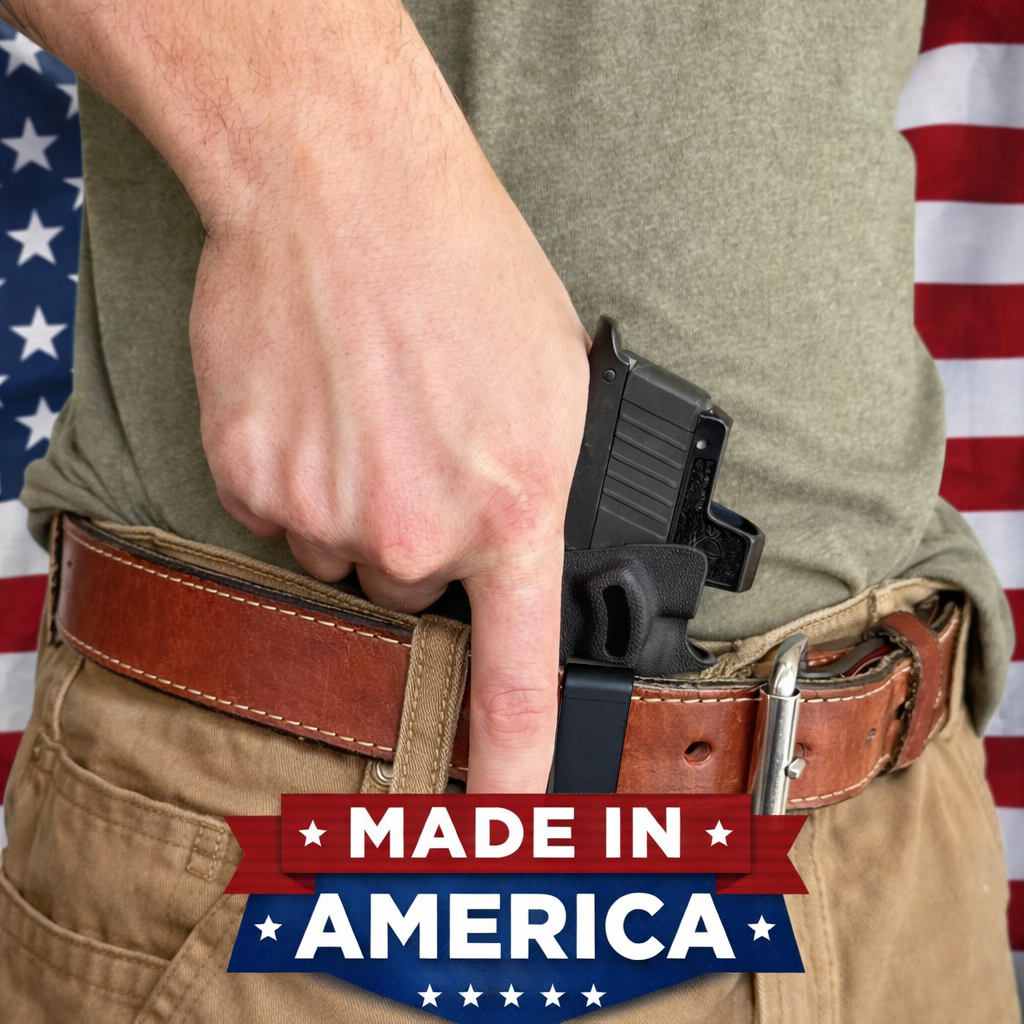 man drawing pistol in front of an American flag