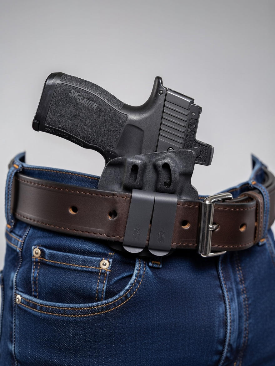 Holster on belt showing full firing grip