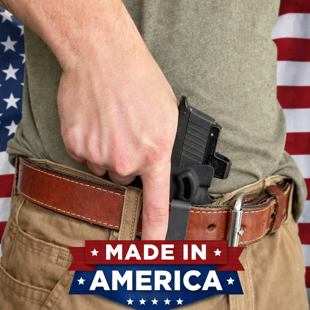 man drawing pistol from holster with flag in the background