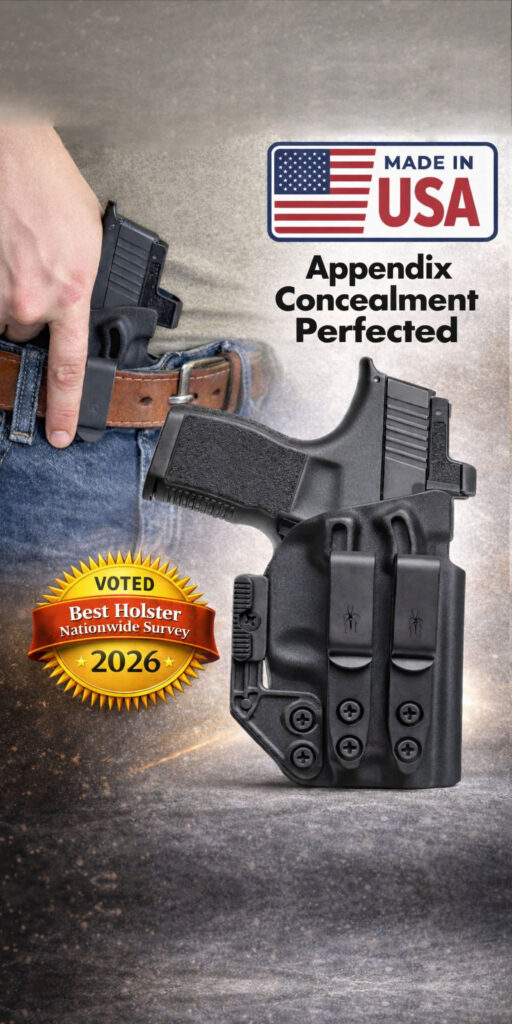 Man drawing pistol and closeup of appendix holster.