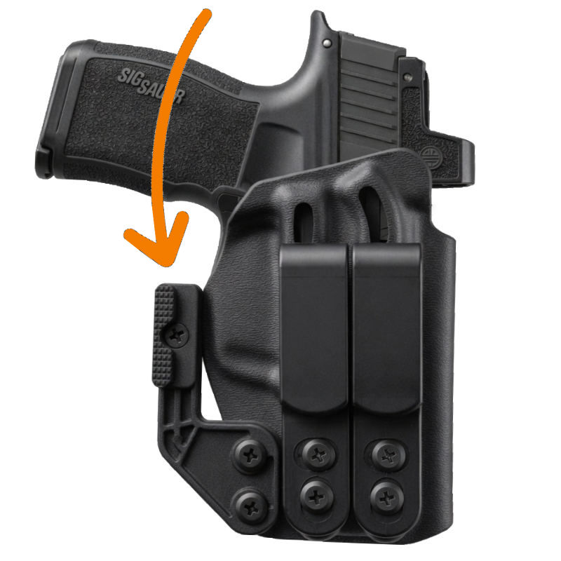 arrow pointing to concealment claw on appendix holster
